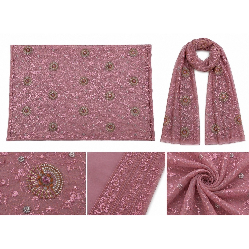 Pink Embroidered Dupatta Sequin Beaded Indian Pakistani Scarf 8 Ft x 40 In А5